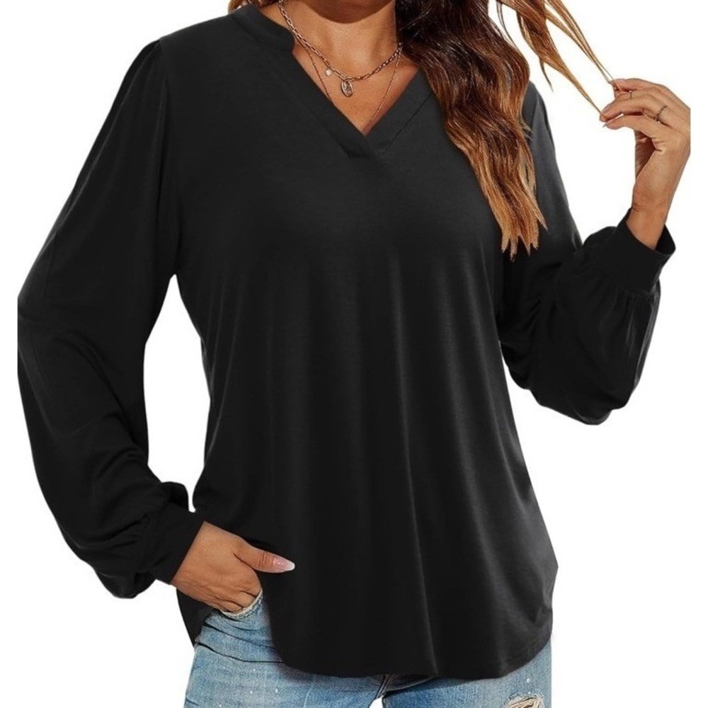 Amoretu Tunic Blouse Womens Small Black New Henley V-Neck Long Sleeve C504